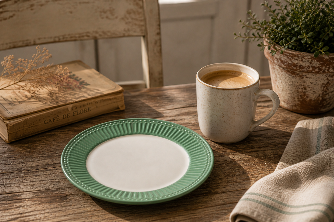 GreenGate Frühstücksteller Alice Staubgrün 23 cm in gemütlicher Kaffee Szene mit Tasse warmem Licht und rustikalem Vintage Stil
