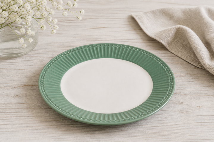 GreenGate Frühstücksteller Alice Staubgrün 23 cm auf hellem Landhaus Tisch von schräg oben fotografiert minimalistisch inszeniert