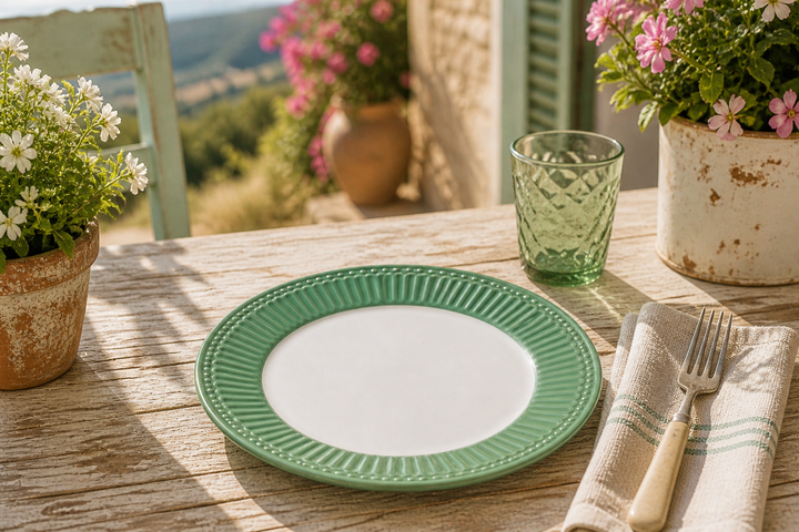 GreenGate Frühstücksteller Alice Staubgrün 23 cm auf sommerlicher Terrasse im mediterranen Landhausstil mit Sonne Blumen und rustikalem Tisch