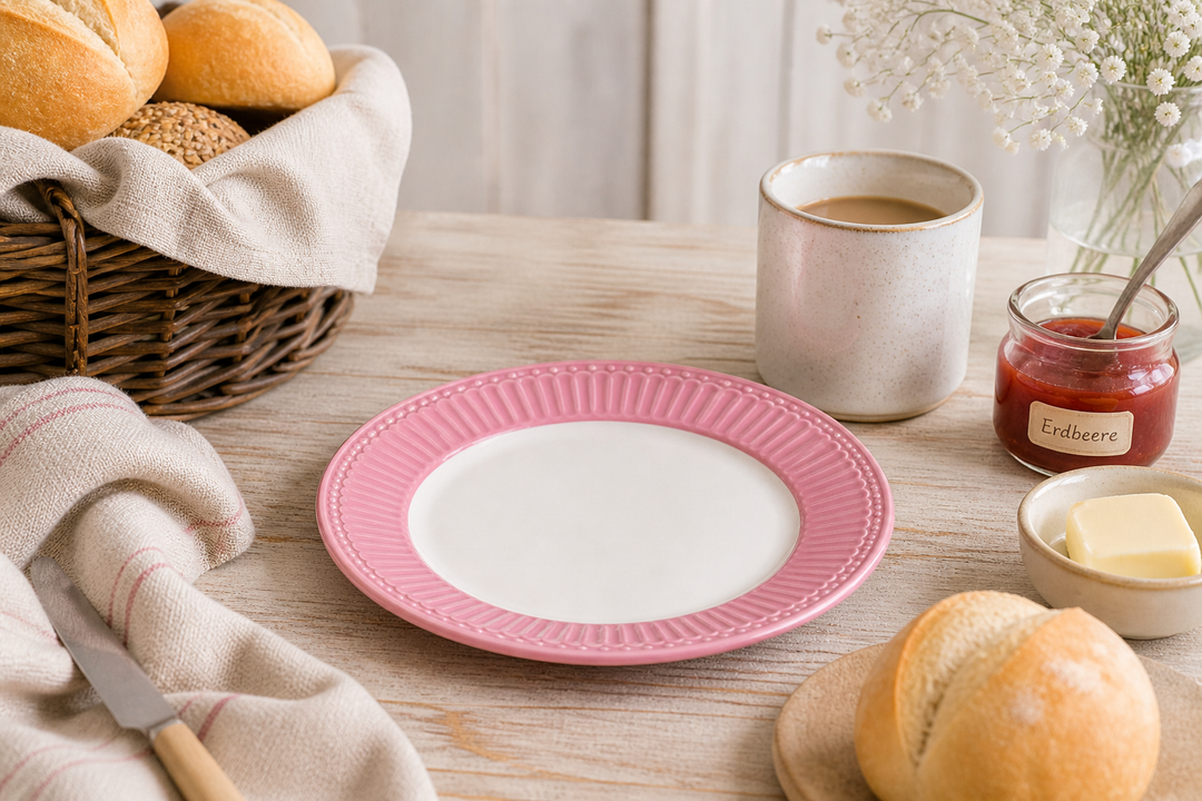 GreenGate Frühstücksteller Alice Staubrosa 23 cm im Landhaus Frühstück Setting mit Brötchen Marmelade und Holz Tisch