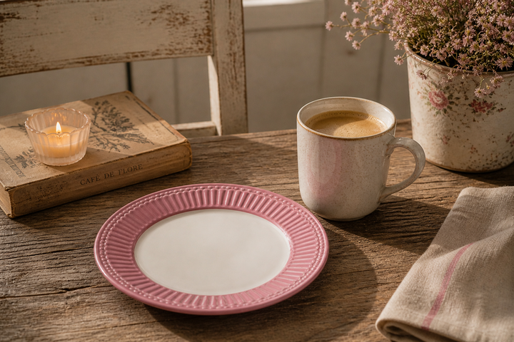 GreenGate Frühstücksteller Alice Staubrosa 23 cm in gemütlicher Kaffee Szene mit Tasse warmem Licht und rustikalem Vintage Stil