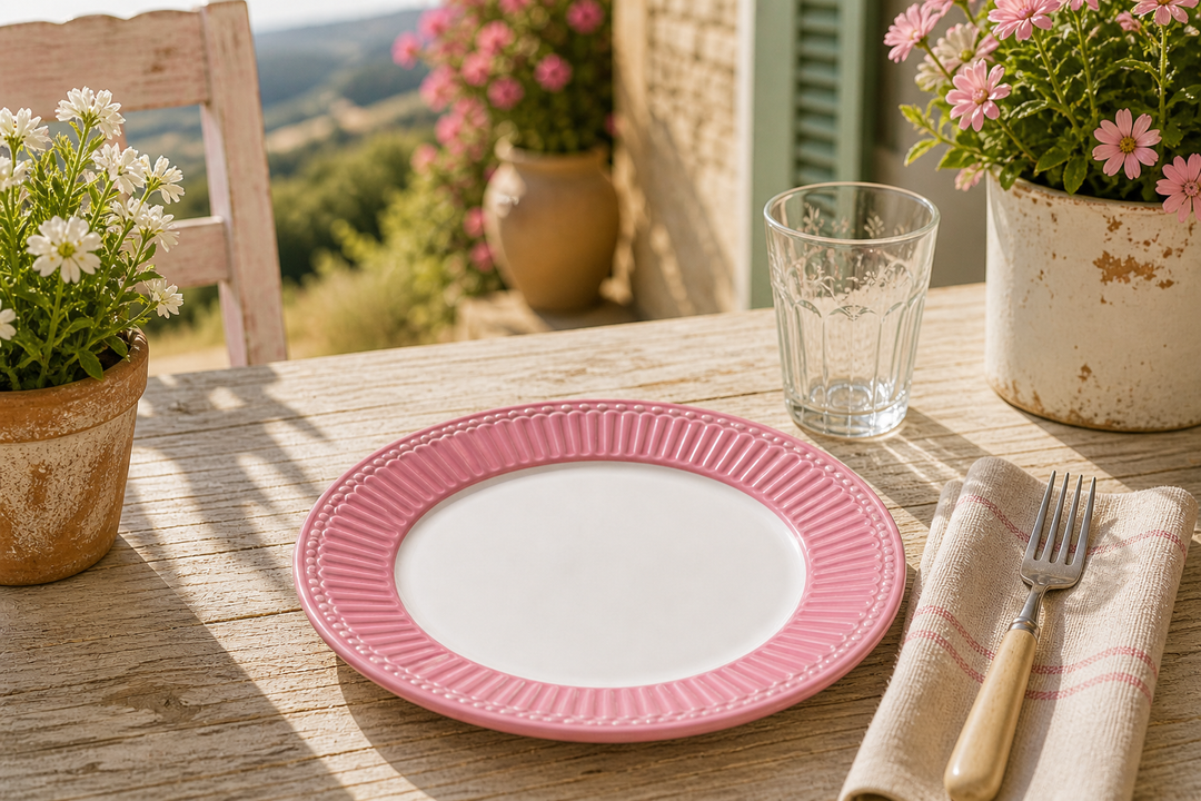 GreenGate Frühstücksteller Alice Staubrosa 23 cm auf sommerlicher Terrasse im mediterranen Landhausstil mit Sonne Blumen und rustikalem Tisch