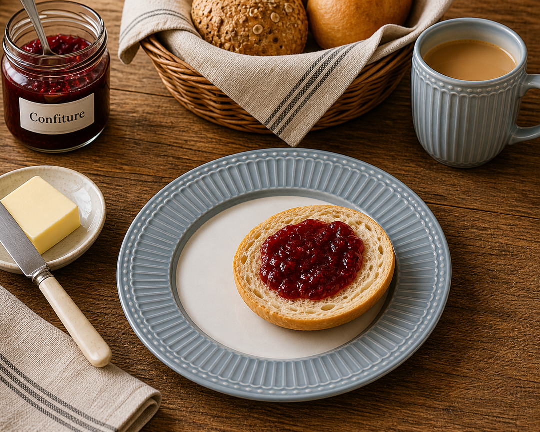 GreenGate Frühstücksteller Alice Steingrau 23 cm im Landhaus Frühstück Setting mit Brötchen Marmelade und Holz Tisch
