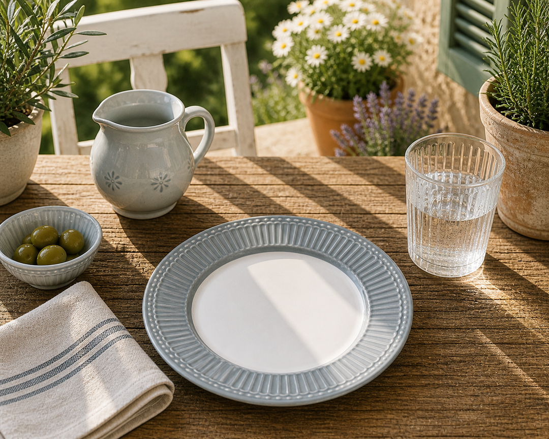 GreenGate Frühstücksteller Alice Steingrau 23 cm auf sommerlicher Terrasse im mediterranen Landhausstil mit Sonne Blumen und rustikalem Tisch