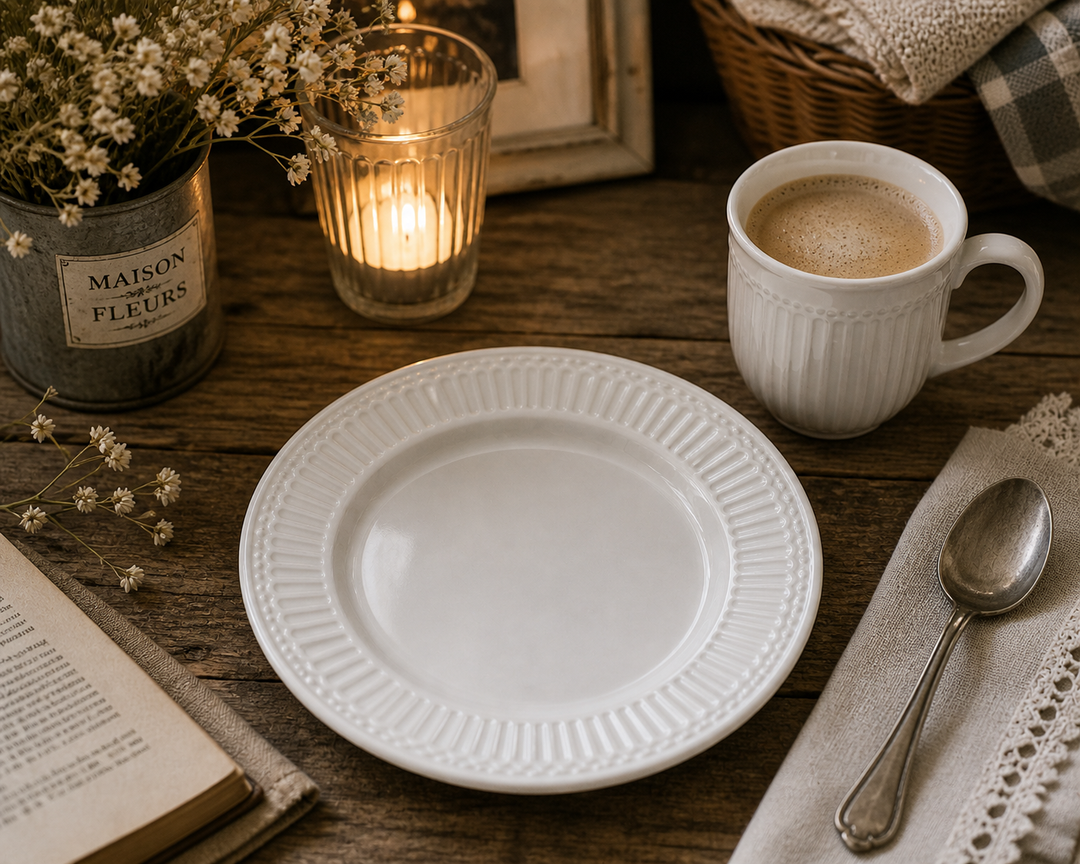 GreenGate Frühstücksteller Alice Weiß 23 cm in gemütlicher Kaffee Szene mit Tasse warmem Licht und rustikalem Vintage Stil
