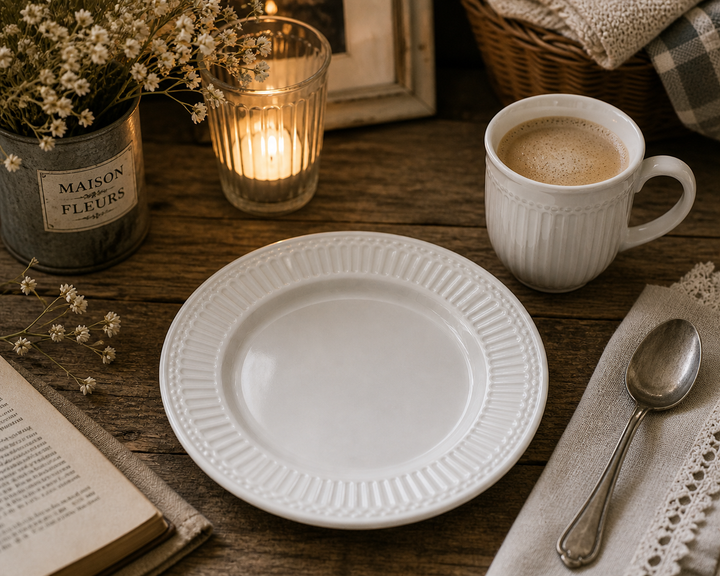 GreenGate Frühstücksteller Alice Weiß 23 cm in gemütlicher Kaffee Szene mit Tasse warmem Licht und rustikalem Vintage Stil