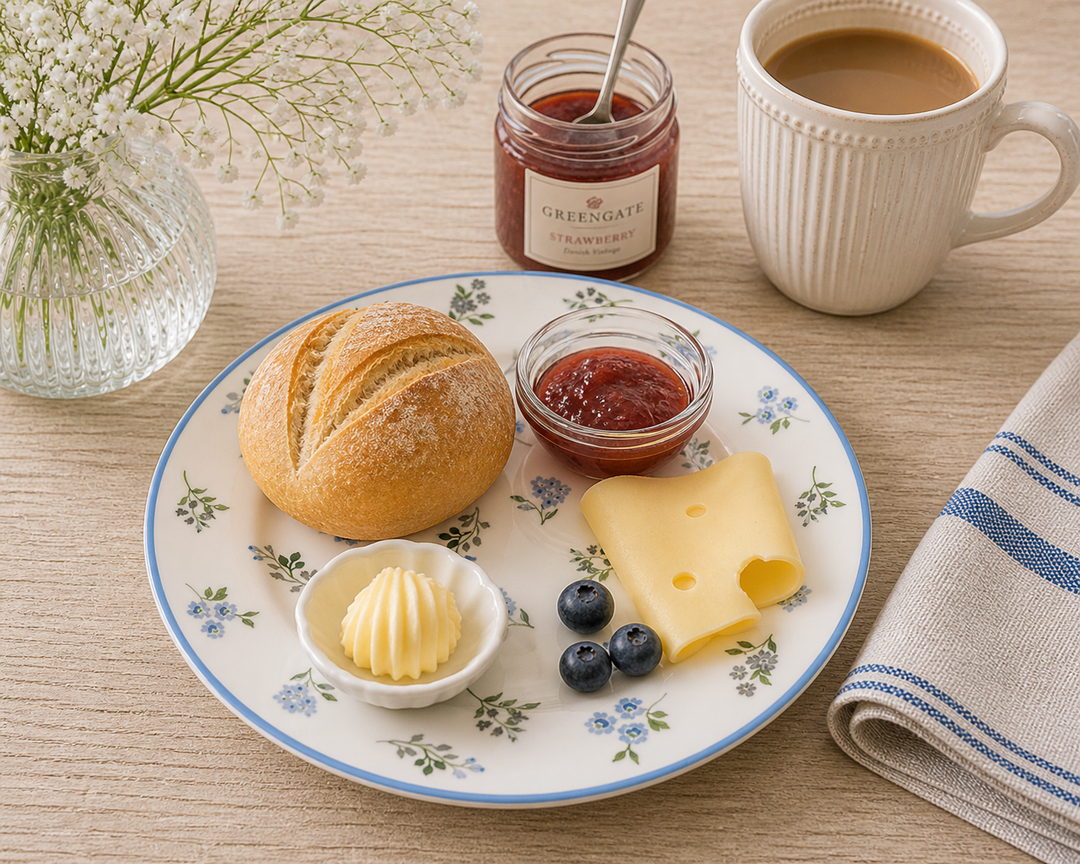 GreenGate Frühstücksteller Christina 20,2 cm mit Brötchen, Marmelade und Käse auf Holztisch im Landhausstil