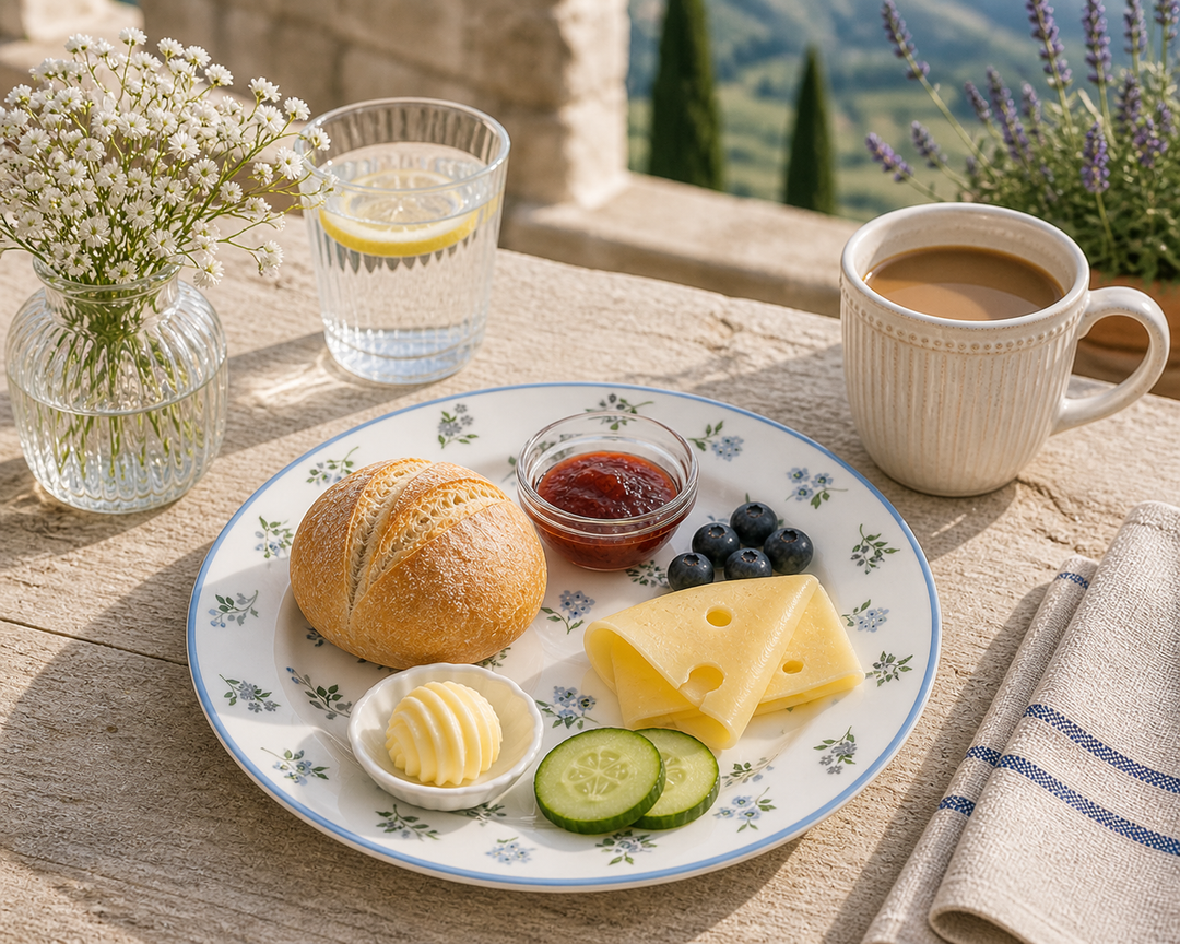 GreenGate Frühstücksteller Christina 20,2 cm mit Frühstück auf sommerlicher Terrasse im mediterranen Landhausstil