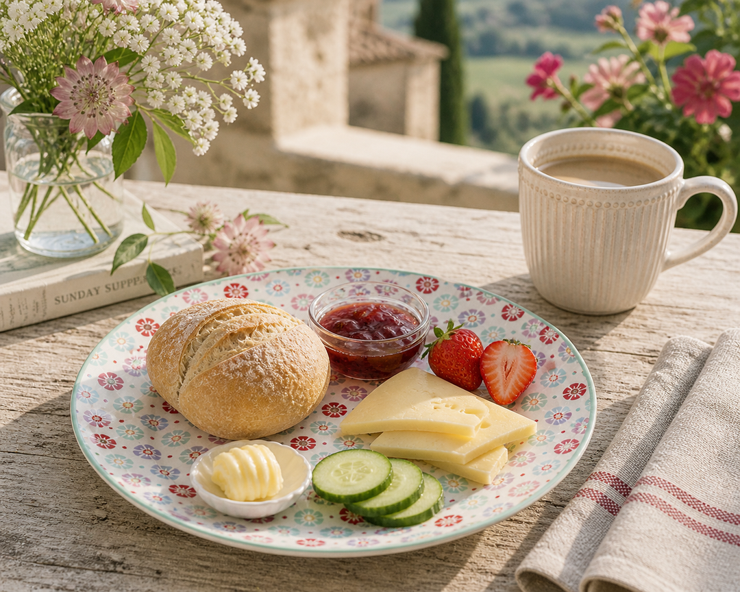 GreenGate Frühstücksteller Rike 20,2 cm mit Frühstück auf sommerlicher Terrasse im mediterranen Landhausstil