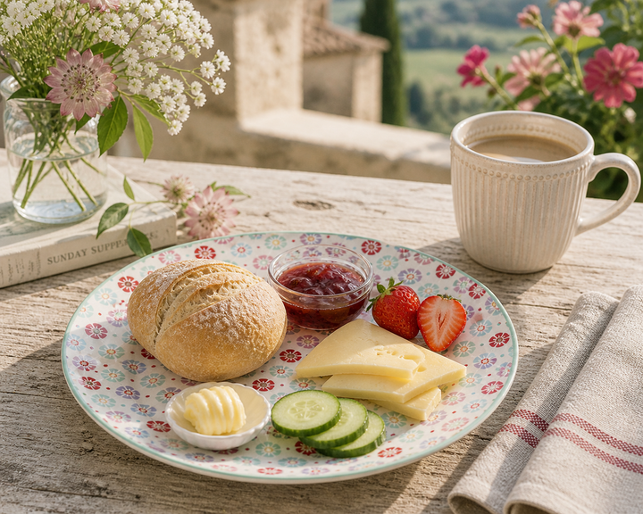 GreenGate Frühstücksteller Rike 20,2 cm mit Frühstück auf sommerlicher Terrasse im mediterranen Landhausstil