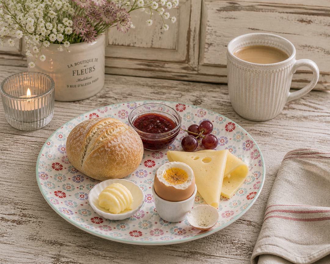 GreenGate Frühstücksteller Rike 20,2 cm mit Frühstück und Ei in gemütlicher Kaffee Szene im Shabby Chic Stil