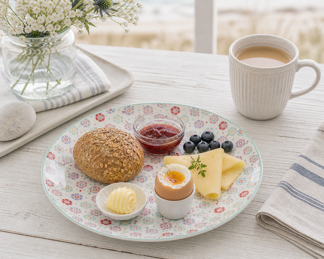 GreenGate Frühstücksteller Rike 20,2 cm mit Frühstück in heller skandinavischer Küsten Szene, minimal und clean