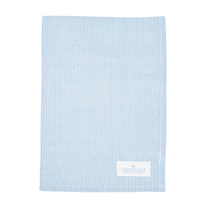 Detailaufnahme GreenGate Geschirrtuch Alicia hellblau aus Baumwolle mit Logoetikett