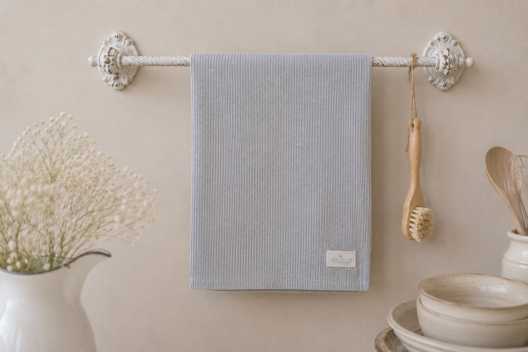 GreenGate Geschirrtuch Alicia Hellgrau an nostalgischer Handtuchstange im skandinavischen Landhausstil