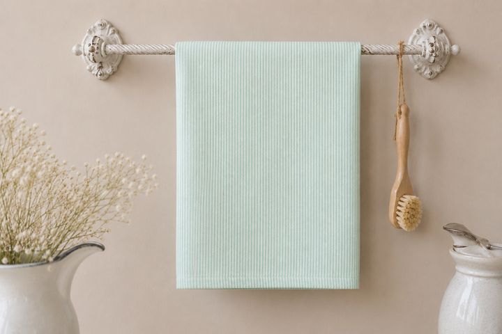 GreenGate Geschirrtuch Alicia Hellgrün an nostalgischer Handtuchstange im skandinavischen Landhausstil
