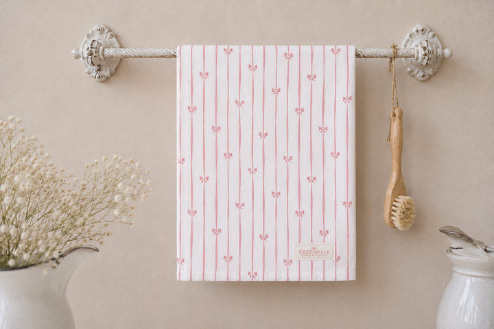 GreenGate Geschirrtuch Weiß Rosa mit feinem Schleifenmuster an dekorativer Vintage-Handtuchstange im Landhausstil