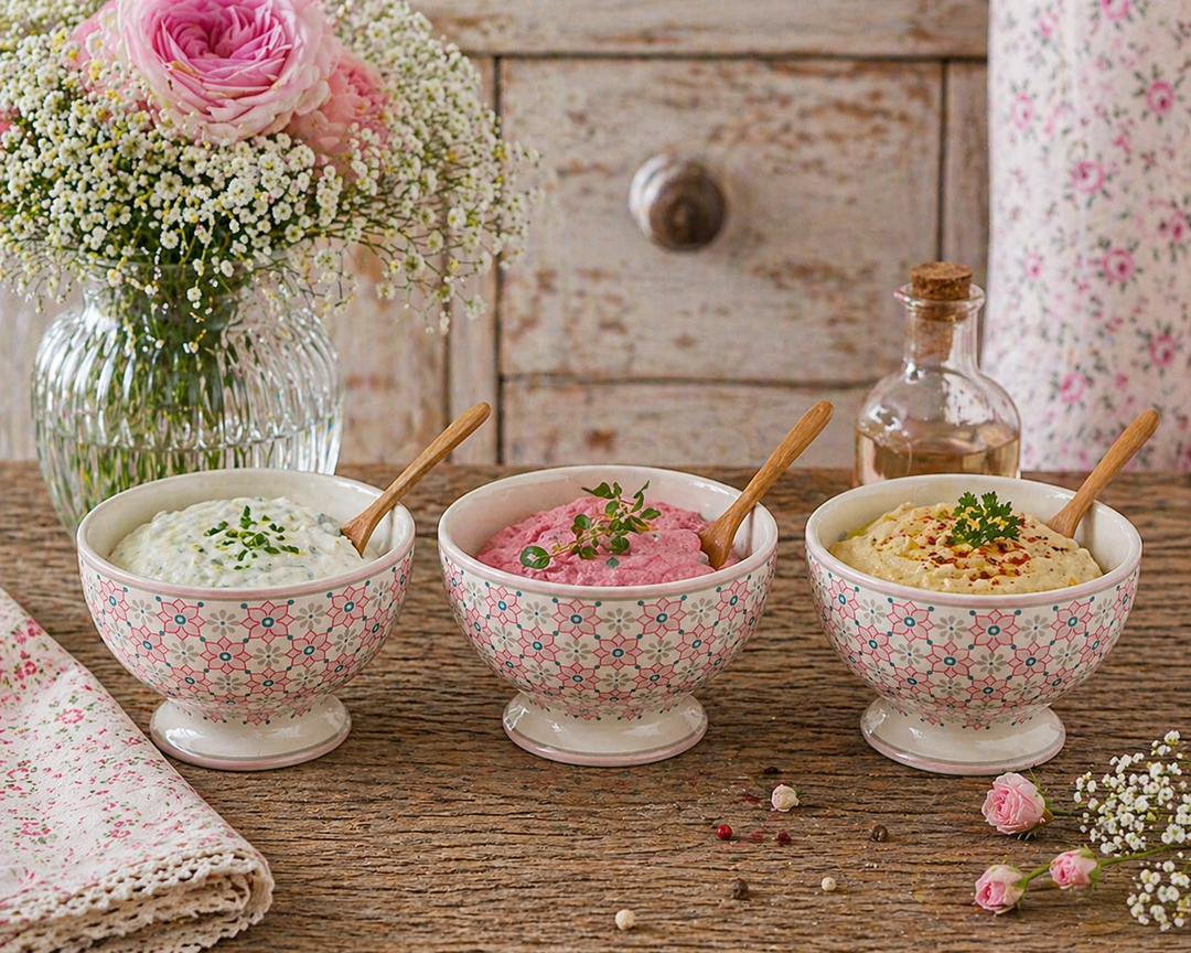 GreenGate Snackschalen Gwen hellrosa mit verschiedenen Dips dekoriert auf urigem Holztisch im Shabby Chic Landhausstil