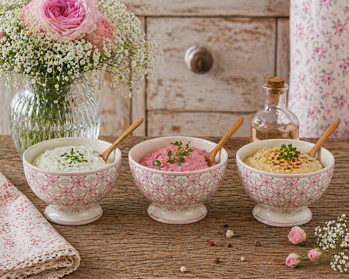 GreenGate Snackschalen Gwen hellrosa mit verschiedenen Dips dekoriert auf urigem Holztisch im Shabby Chic Landhausstil