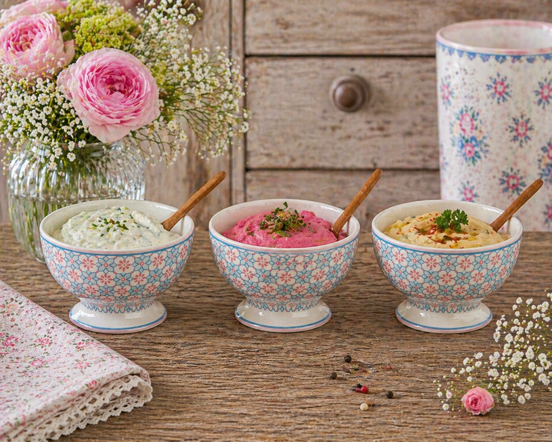 GreenGate Snackschalen Gwen mint mit verschiedenen Dips dekoriert auf urigem Holztisch im Shabby Chic Landhausstil