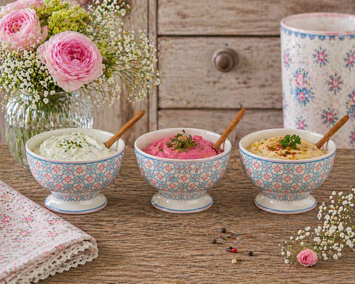 GreenGate Snackschalen Gwen mint mit verschiedenen Dips dekoriert auf urigem Holztisch im Shabby Chic Landhausstil