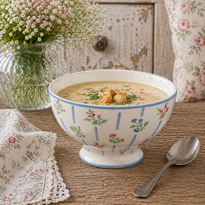 GreenGate Suppenschale Hannah weiß mit floralem Muster und Suppe auf rustikalem Holztisch im Shabby Chic Landhausstil angerichtet