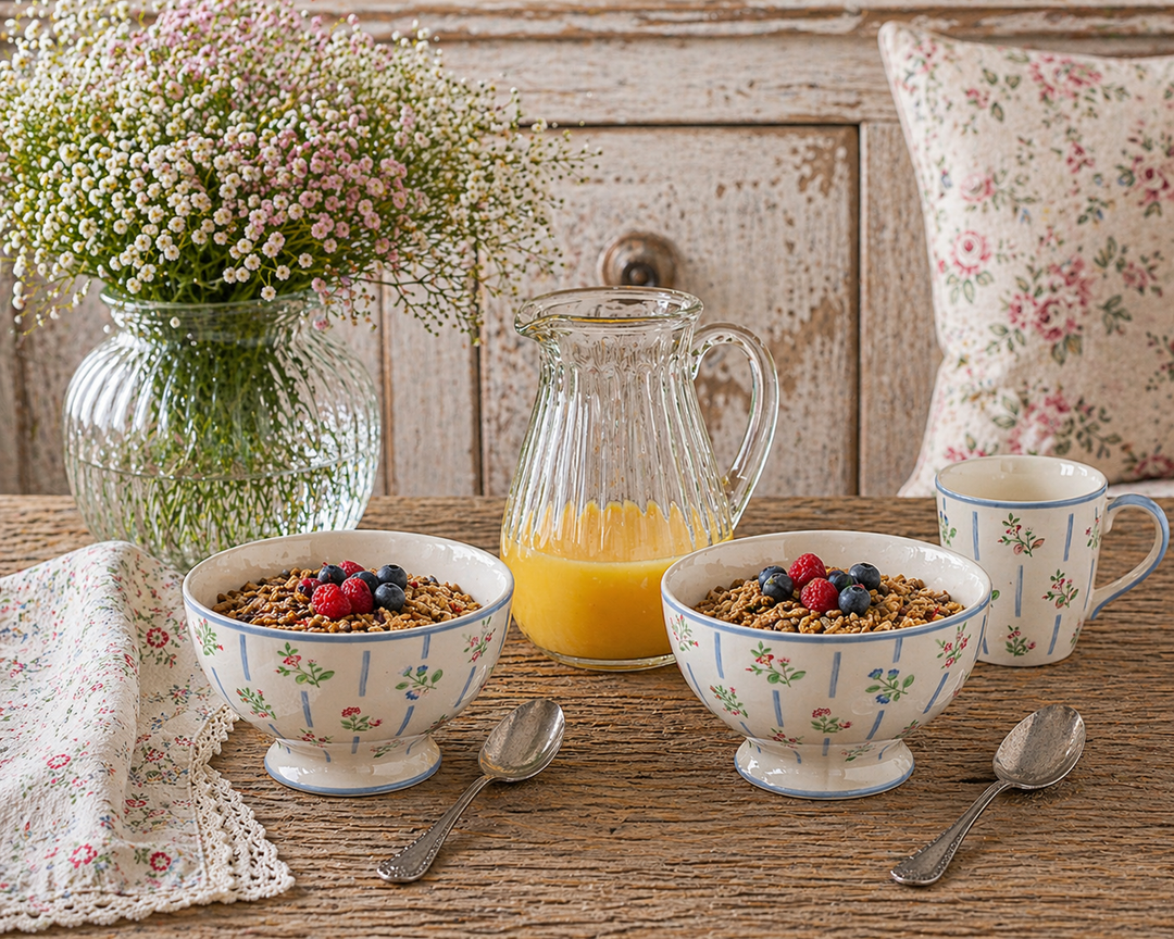 GreenGate Suppenschale Hannah weiß im Set mit Müsli auf urigem Holztisch neben Saftkanne im Shabby Chic Landhausstil