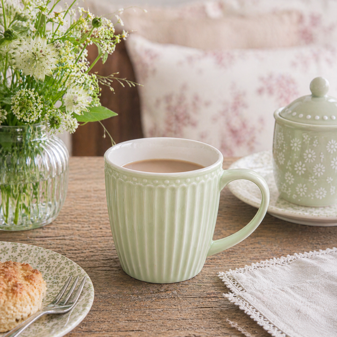 GreenGate Henkeltasse Alice Hellgrün mit Kaffee auf gedecktem Tisch im skandinavischen Landhausstil