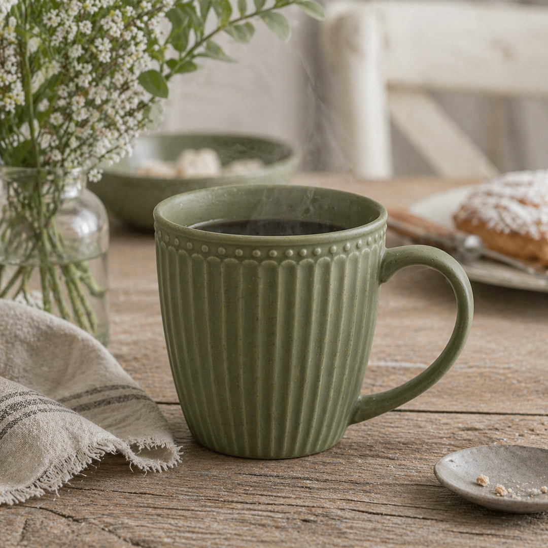 GreenGate Henkeltasse Alice Olivgrün mit Kaffee auf Holztisch im skandinavischen Landhausstil
