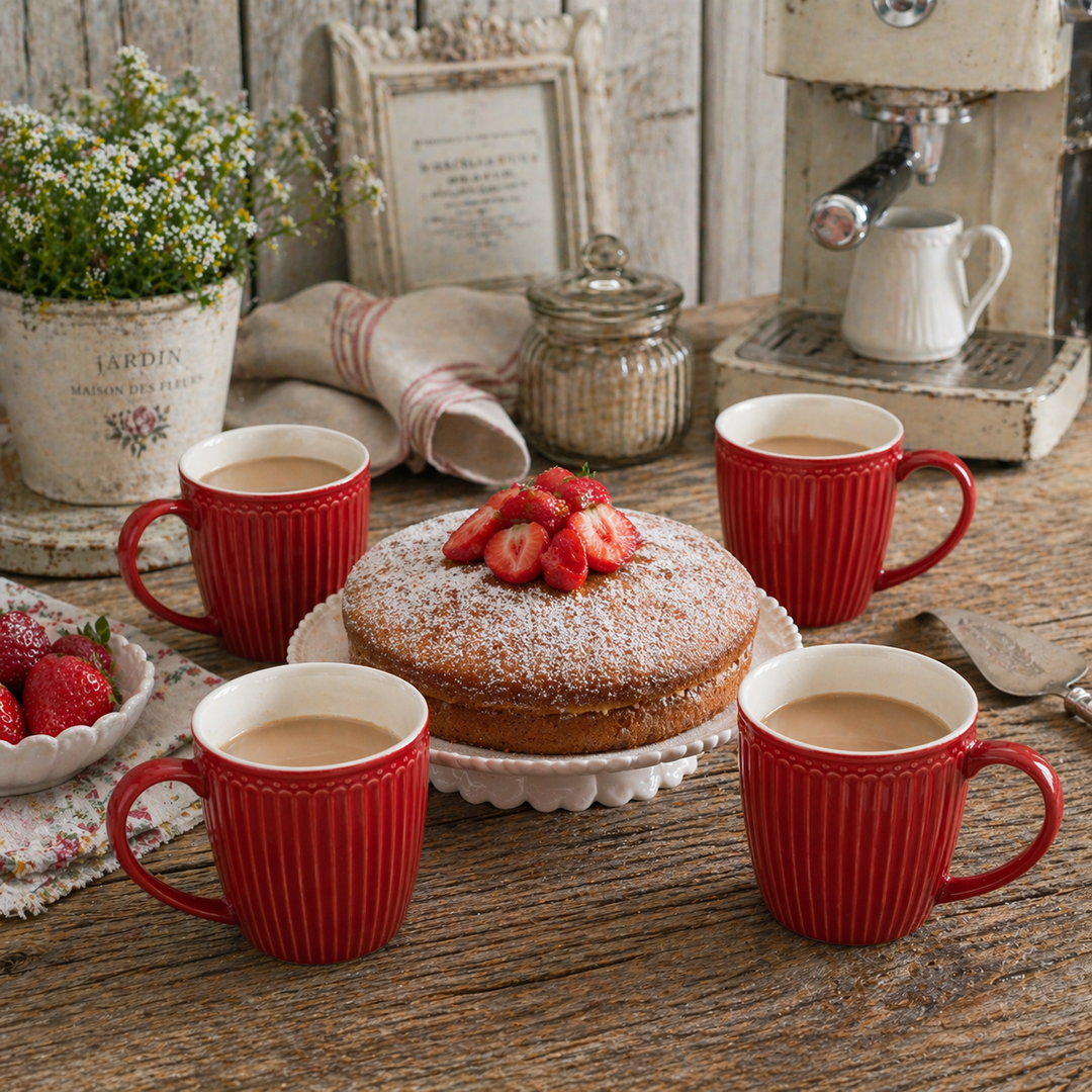 GreenGate Henkeltassen Alice Rot als Set mit Kuchen auf Holztisch im Shabby Chic Landhausstil
