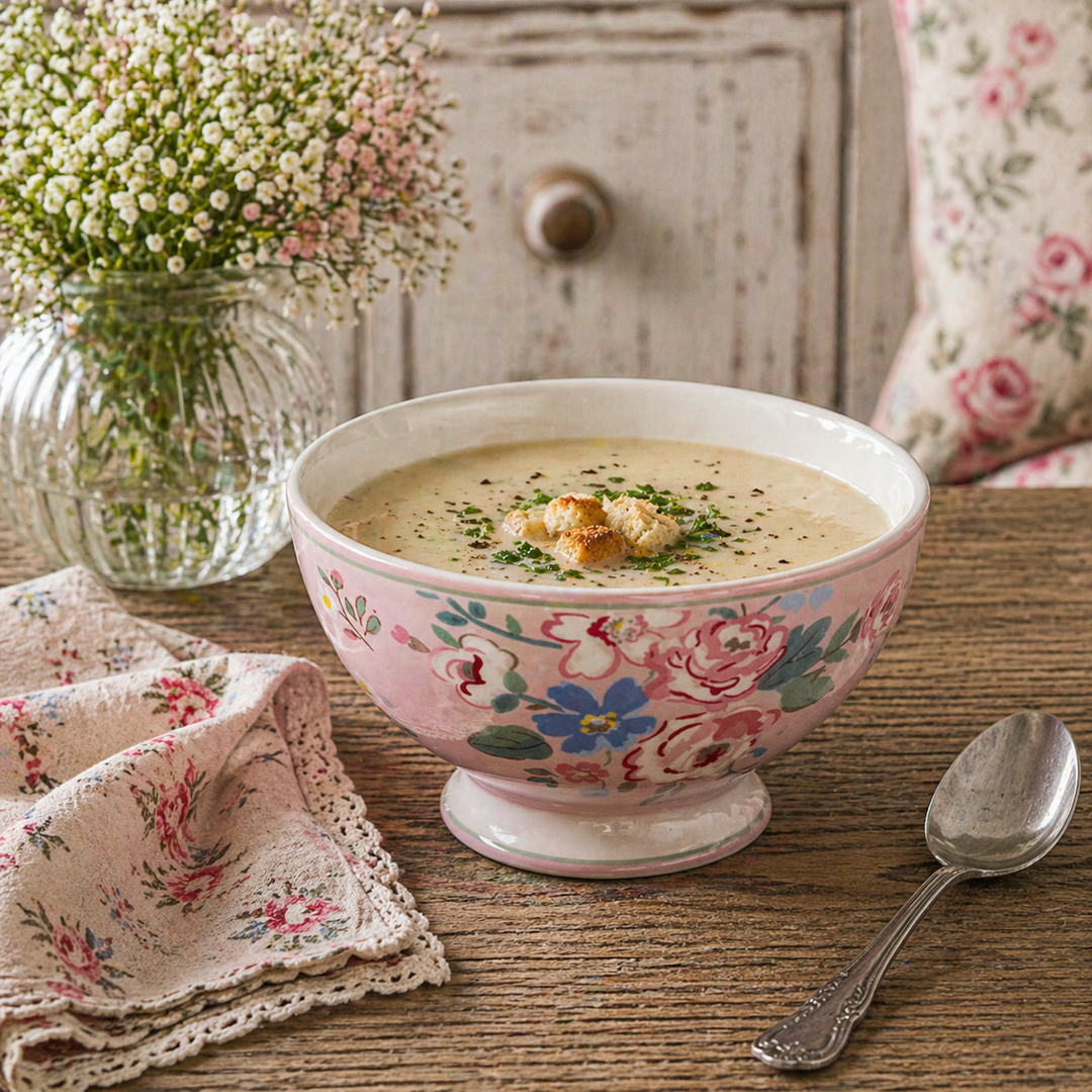 GreenGate Suppenschale Inge Marie hellrosa geblümt mit Suppe auf rustikalem Holztisch im Shabby Chic Landhausstil angerichtet