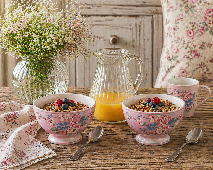 GreenGate Suppenschale Inge Marie hellrosa geblümt im Set mit Müsli auf urigem Holztisch neben Saftkanne im Shabby Chic Landhausstil