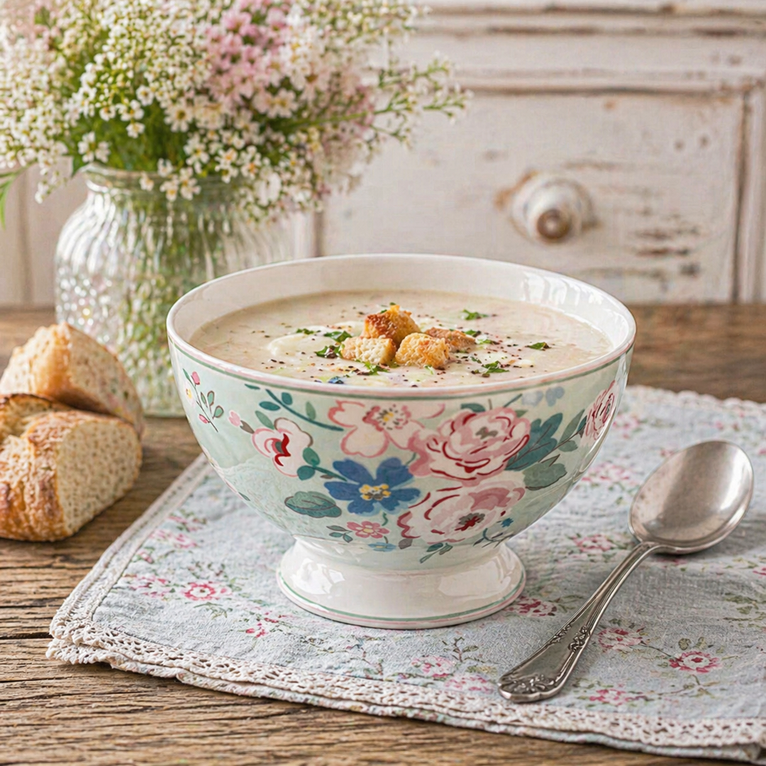GreenGate Suppenschale Inge Marie Mint mit Suppe auf rustikalem Holztisch im Shabby Chic Landhausstil angerichtet