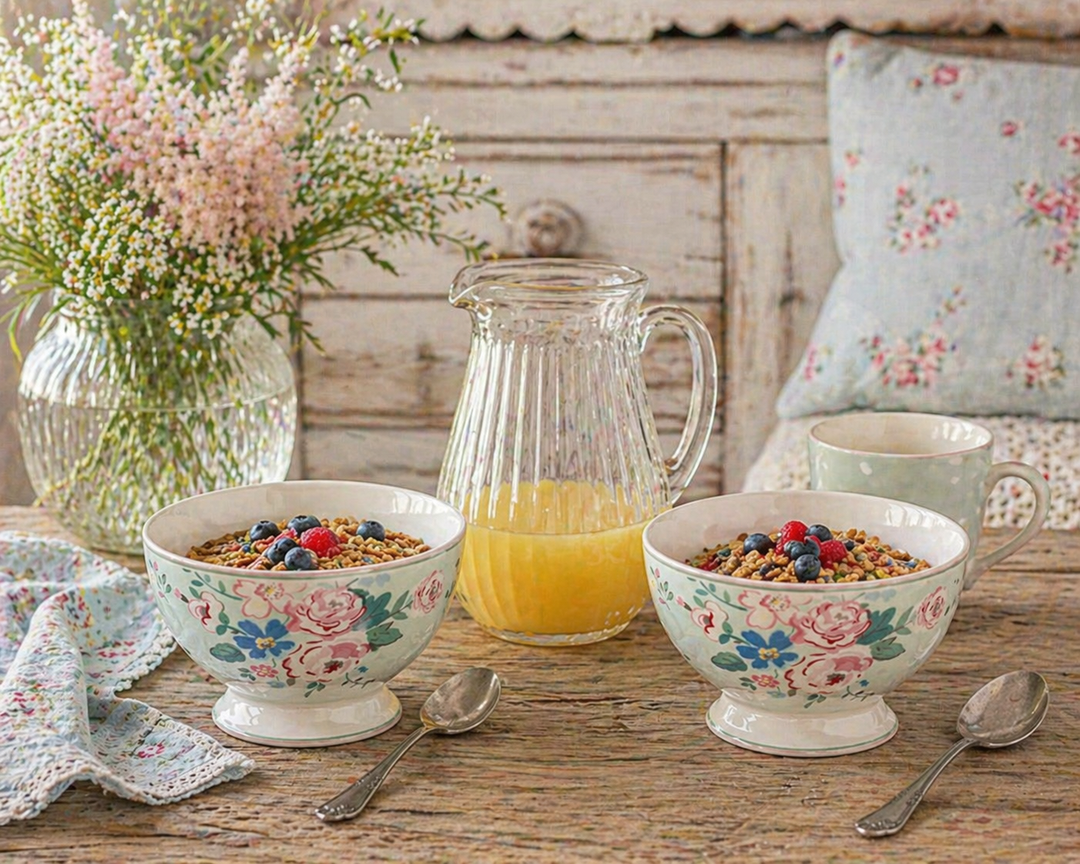 GreenGate Suppenschale Inge Marie Mint im Set mit Müsli auf urigem Holztisch neben Saftkanne im Shabby Chic Landhausstil