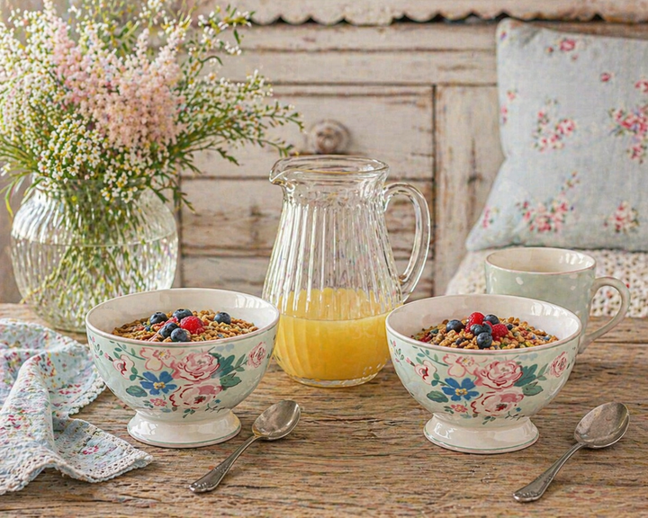 GreenGate Suppenschale Inge Marie Mint im Set mit Müsli auf urigem Holztisch neben Saftkanne im Shabby Chic Landhausstil