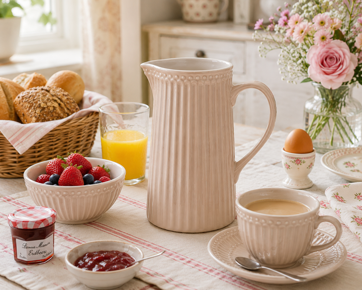 GreenGate Kanne Alice Fudge 1 L in Frühstück Szene mit Brötchen Marmelade und Orangensaft im Landhausstil