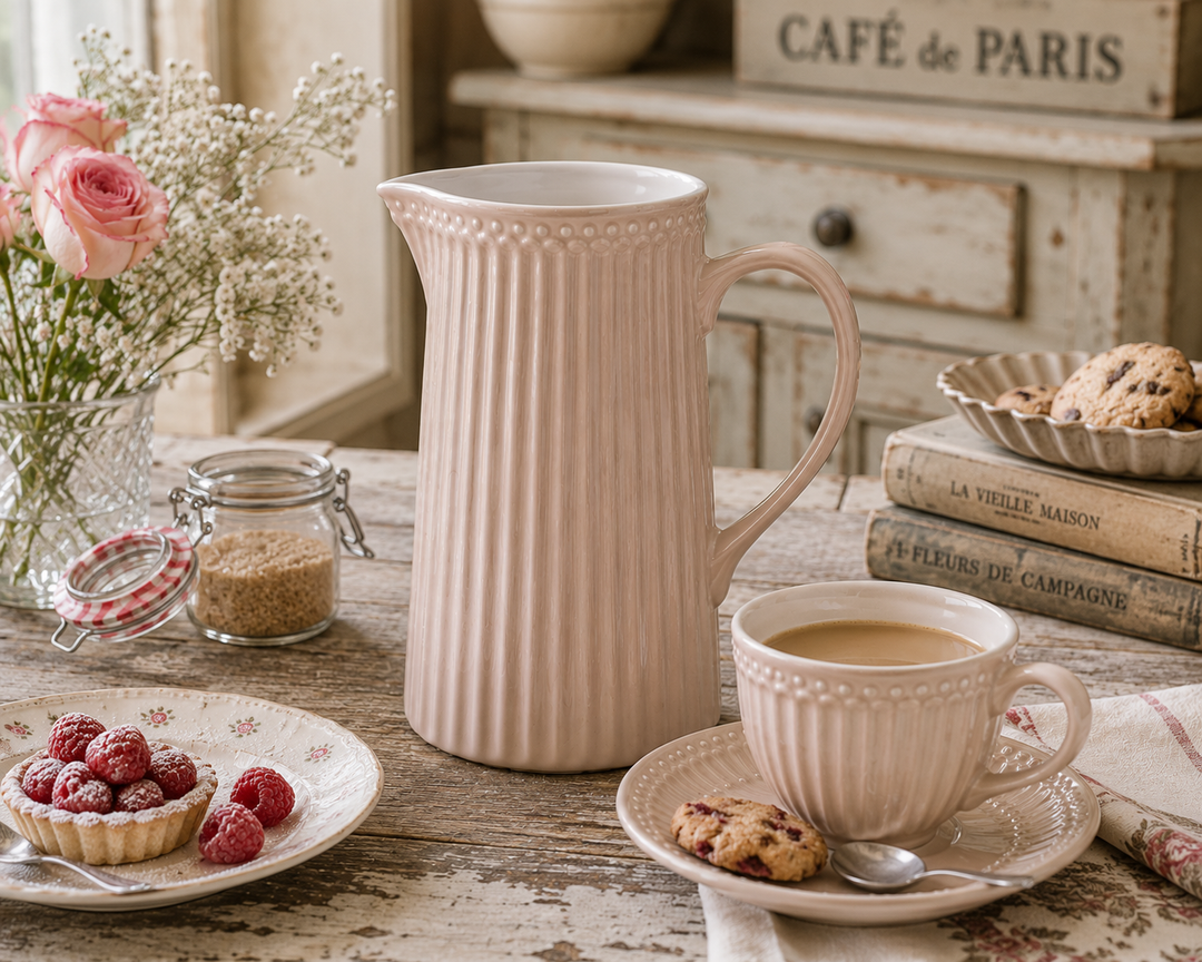 GreenGate Kanne Alice Fudge 1 L in gemütlicher Kaffee Szene im Vintage Landhausstil
