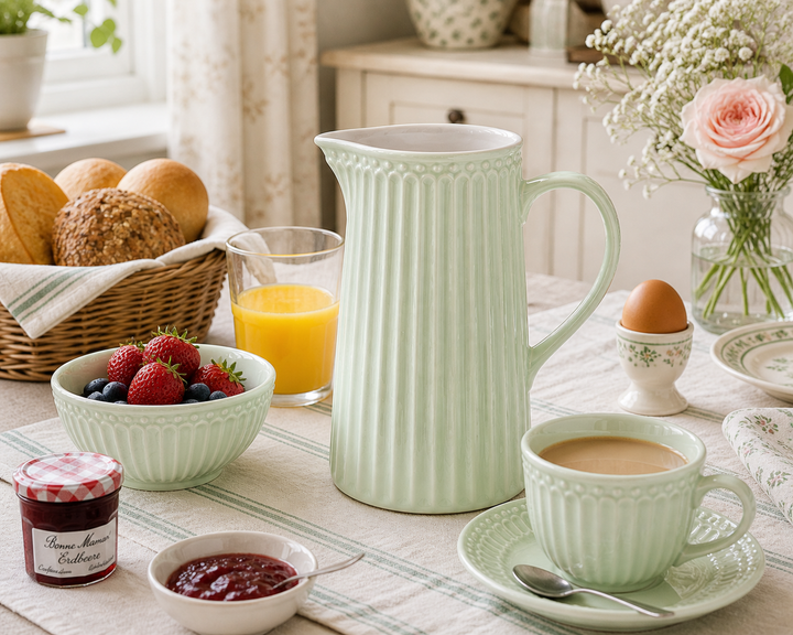 GreenGate Kanne Alice Hellgrün 1 L in Frühstück Szene mit Brötchen Marmelade und Orangensaft im Landhausstil