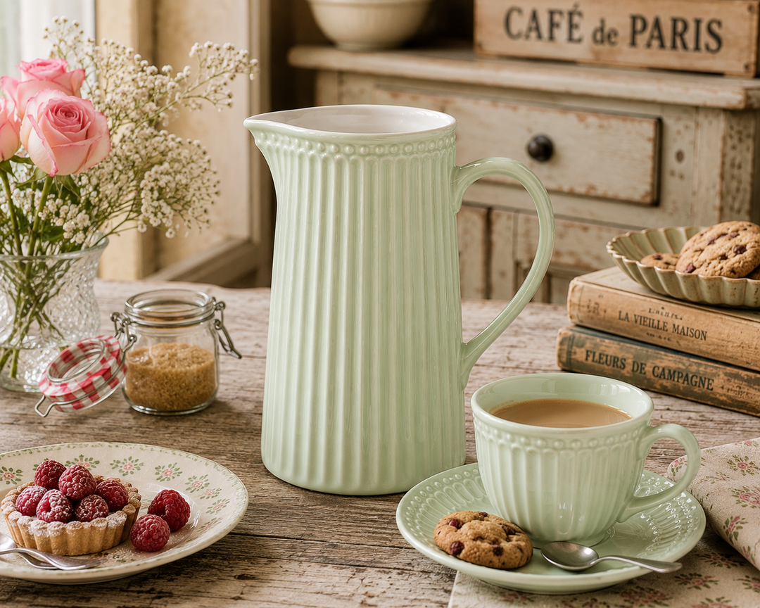GreenGate Kanne Alice Hellgrün 1 L in gemütlicher Kaffee Szene im Vintage Landhausstil