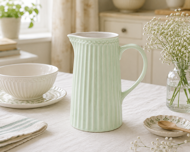 GreenGate Kanne Alice Hellgrün 1 L auf hellem Landhaus Tisch minimalistisch inszeniert
