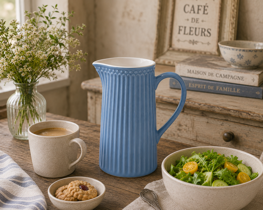 GreenGate Kanne Alice Himmelblau 1 L in gemütlicher Kaffee Szene im rustikalen Vintage Landhausstil