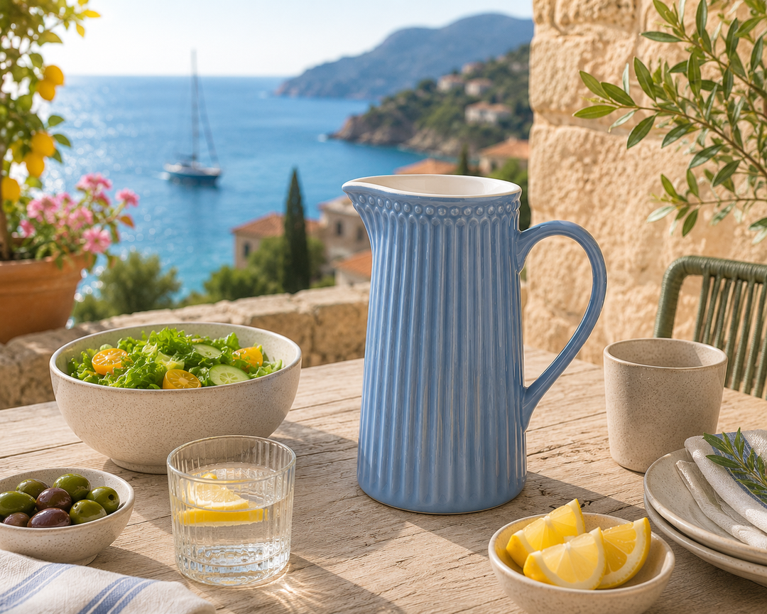 GreenGate Kanne Alice Himmelblau 1 L auf sonniger Terrasse im mediterranen Landhausstil mit Meerblick und frischen Zutaten