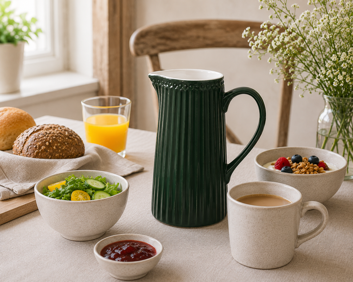 GreenGate Kanne Alice Kieferngrün 1 L in Frühstück Szene mit Brötchen Marmelade Orangensaft und frischem Salat im Landhausstil