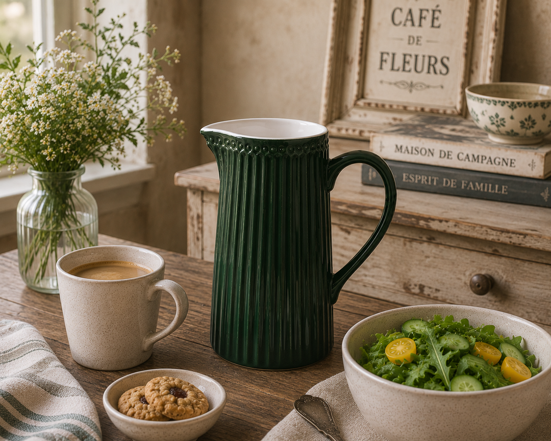 GreenGate Kanne Alice Kieferngrün 1 L in gemütlicher Kaffee Szene im rustikalen Vintage Landhausstil
