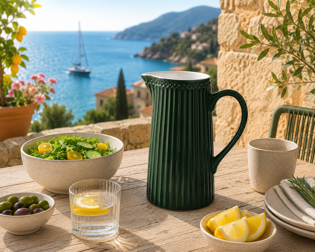 GreenGate Kanne Alice Kieferngrün 1 L auf sonniger Terrasse im mediterranen Landhausstil mit Meerblick und frischen Zutaten