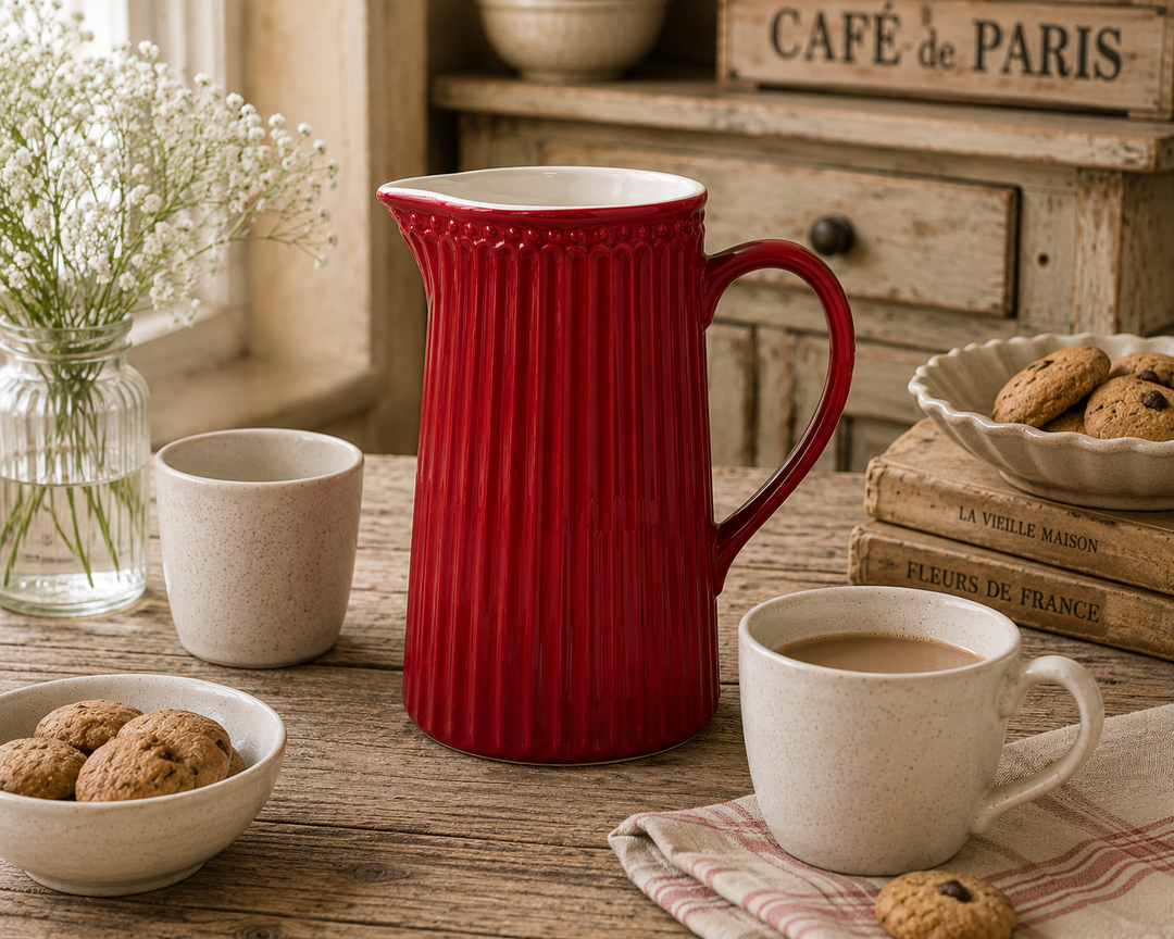 GreenGate Kanne Alice Rot 1 L in gemütlicher Kaffee Szene im Vintage Landhausstil