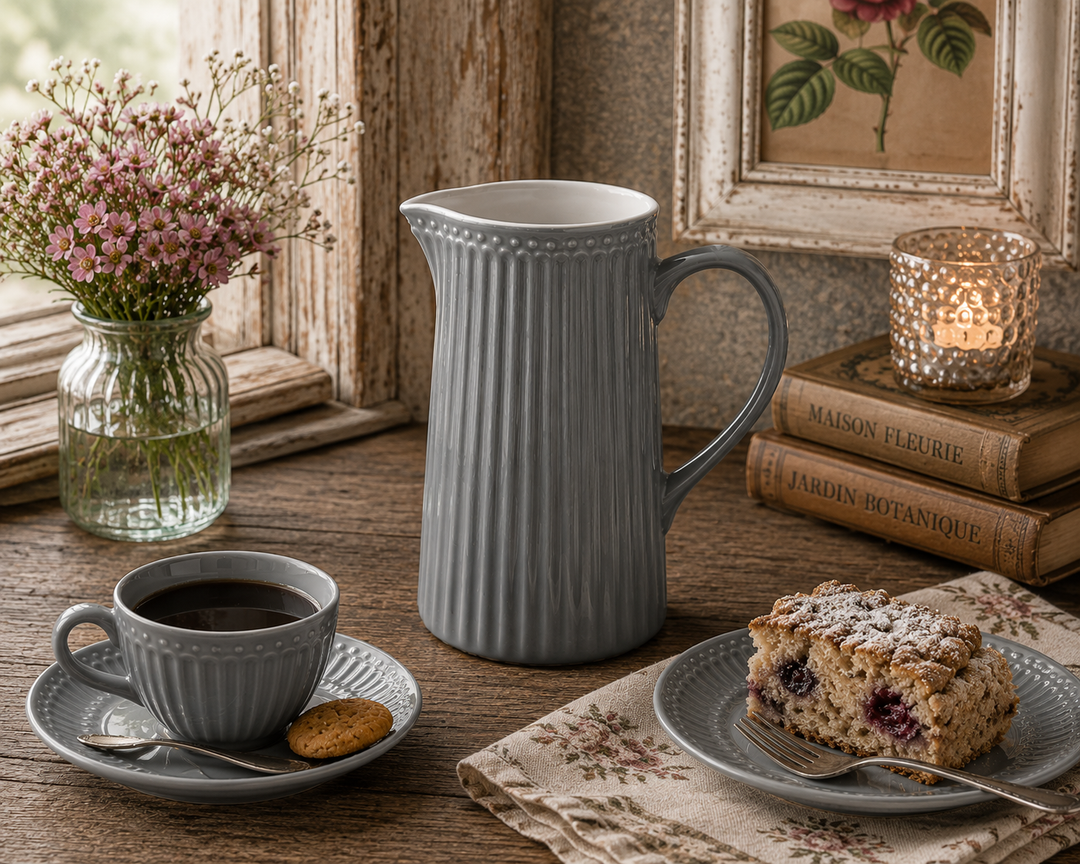 GreenGate Kanne Alice Steingrau 1 L in gemütlicher Kaffee Szene im Vintage Landhausstil