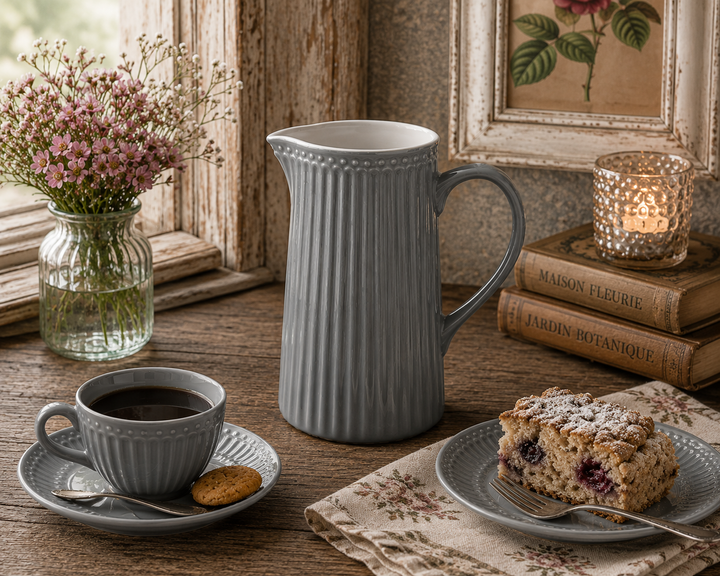 GreenGate Kanne Alice Steingrau 1 L in gemütlicher Kaffee Szene im Vintage Landhausstil