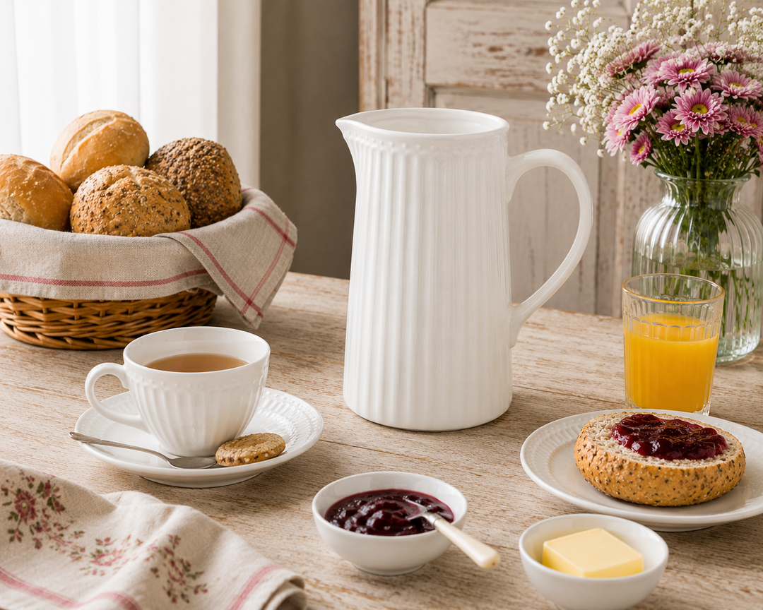 GreenGate Kanne Alice Weiß 1 L in Frühstück Szene mit Brötchen Marmelade und Orangensaft im Landhausstil