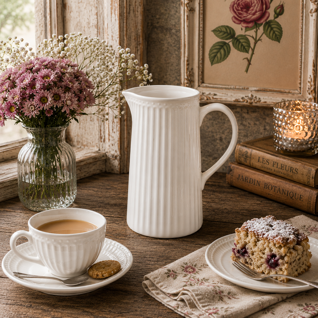 GreenGate Kanne Alice Weiß 1 L in gemütlicher Kaffee Szene im Vintage Landhausstil