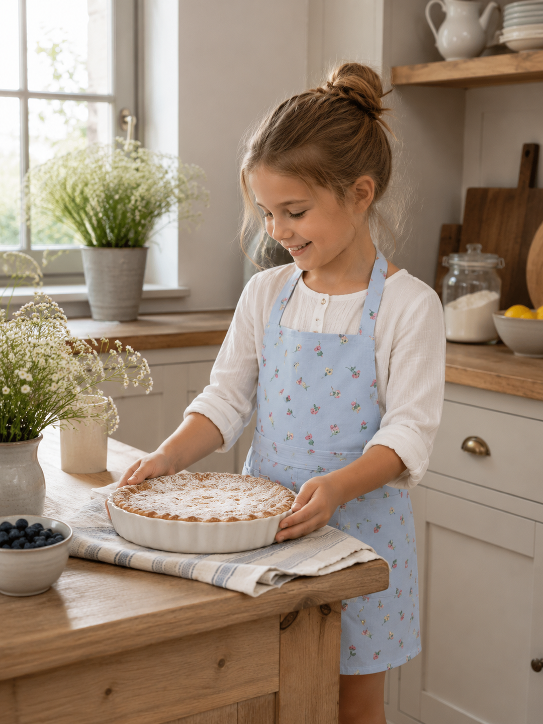 GreenGate Kinderschürze Hellblau mit floralem Muster getragen von jungem Mädchen in skandinavischer Landhausküche beim Backen
